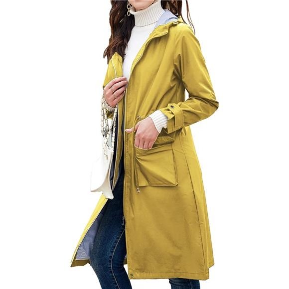 Women's Hooded Rain Jacket Long Waterproof Raincoat Full Zip Midi Windbreaker - Picture 3 of 7